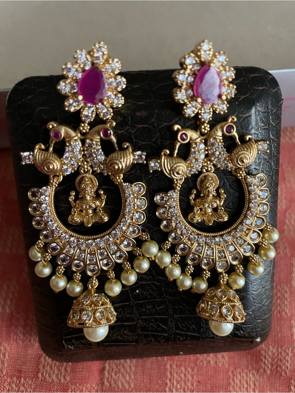 Gold-Tone Temple Jhumka Earrings with Pink Accents